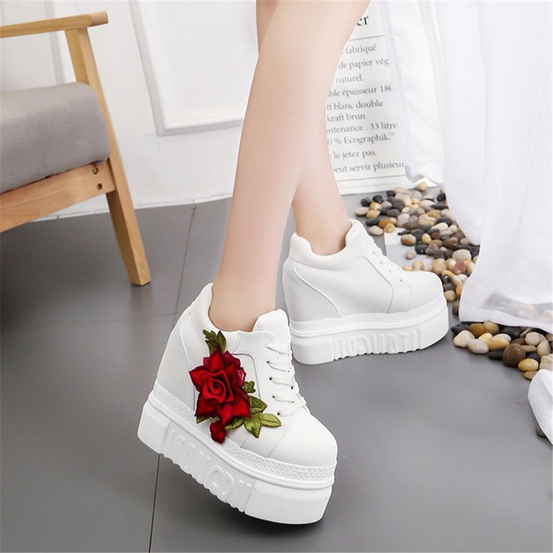 ACE SHOCK Women Fashion Platform Sneakers Wide Width High Hidden Heel Wedge Walking Shoes Flower (6, White) - Image 4